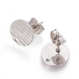 Honeyhandy 304 Stainless Steel Ear Stud Findings, with Ear Nuts/Earring Backs and Hole, Textured Flat Round with Cross Grain, Stainless Steel Color, 10mm, Hole: 1.2mm, Pin: 0.8mm