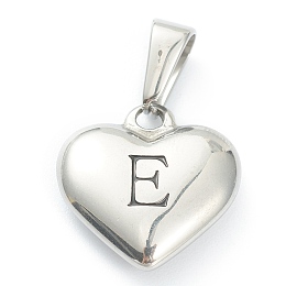 Honeyhandy 304 Stainless Steel Pendants, Heart with Black Letter, Stainless Steel Color, Letter.E, 16x16x4.5mm, Hole: 7x3mm