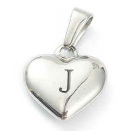 Honeyhandy 304 Stainless Steel Pendants, Heart with Black Letter, Stainless Steel Color, Letter.J, 16x16x4.5mm, Hole: 7x3mm