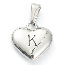 Honeyhandy 304 Stainless Steel Pendants, Heart with Black Letter, Stainless Steel Color, Letter.K, 16x16x4.5mm, Hole: 7x3mm