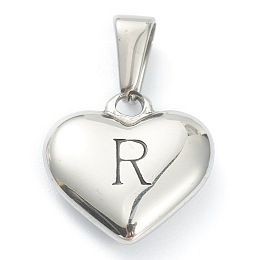 Honeyhandy 304 Stainless Steel Pendants, Heart with Black Letter, Stainless Steel Color, Letter.R, 16x16x4.5mm, Hole: 7x3mm