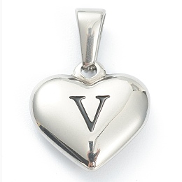 Honeyhandy 304 Stainless Steel Pendants, Heart with Black Letter, Stainless Steel Color, Letter.V, 16x16x4.5mm, Hole: 7x3mm