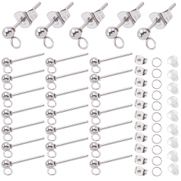 SOFPLATE 150Pcs 202 Stainless Steel Ball Stud Earring Findings, with 304 Stainless Steel Pins and Vertical Loop, 150Pcs Jump Rings, 300Pcs Ear Nuts, Stainless Steel Color, 14mm, Hole: 2mm, Pin: 0.7mm