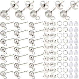 SOFPLATE 150Pcs 202 Stainless Steel Ball Stud Earring Findings, with 304 Stainless Steel Pins and Vertical Loop, 150Pcs Jump Rings, 300Pcs Ear Nuts, Stainless Steel Color, 16mm, Hole: 1.6mm, Pin: 0.7mm