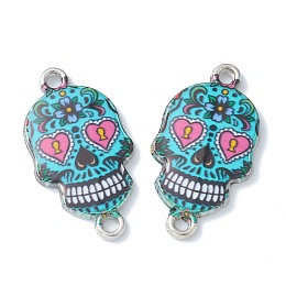 Honeyhandy Halloween Theme Alloy Enamel Links Connectors, Sugar Skull, Platinum, Cyan, 25.5x13.5x2.5mm, Hole: 1.6mm