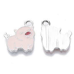 Honeyhandy Alloy Pendants, with Enamel, Pig, Platinum, Pink, 18x15x2mm, Hole: 2.5mm