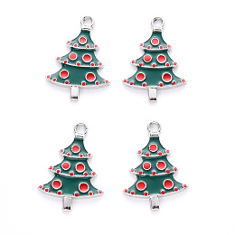 Honeyhandy Alloy Enamel Pendants, for Christmas, Christmas Tree, Platinum, Green, 26x18.5x2mm, Hole: 2mm