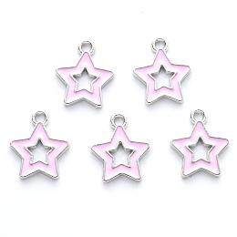 Honeyhandy Alloy Enamel Pendants, Star, Platinum, Pink, 16x14x2mm, Hole: 1.6mm