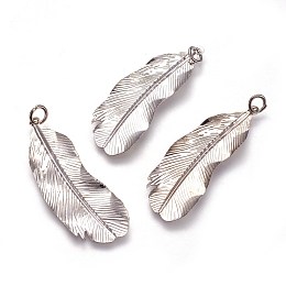 Honeyhandy Iron Pendants, Feather, Platinum, 43x16x1mm, Hole: 3.2mm