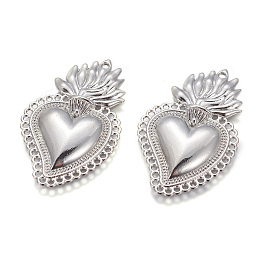 Honeyhandy Alloy Pendants, Sacred Heart, Heart of Holy Flame, Platinum, 40x25x3.5mm, Hole: 1.5mm