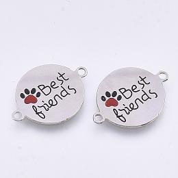 Honeyhandy 304 Stainless Steel Links, with Enamel, Love Pet Theme, Flat Round with Word Best Friends, Stainless Steel Color, 21x15.5x0.7mm, Hole: 1.4mm