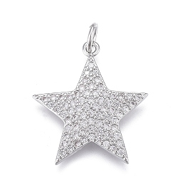 Honeyhandy Brass Micro Pave Clear Cubic Zirconia Pendants, Long-Lasting Plated, Star, Real Platinum Plated, 20x19x2mm, Jump Rings: 5x1mm, Inner Diameter: 3mm