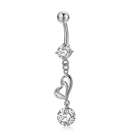 Honeyhandy Piercing Jewelry, Brass Cubic Zirciona Navel Ring, Belly Rings, with 304 Stainless Steel Bar, Lead Free & Cadmium Free, Heart, Clear, 48.5mm, Pendant: 26.5x8mm, Bar: 14 Gauge(1.6mm), Bar Length: 3/8