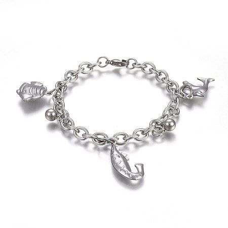 Arricraft 304 Stainless Steel Charm Bracelets, with Lobster Claw Clasps, Shrimp & Fish & Dolphin, Stainless Steel Color, 7-1/2 inch(19cm), Charm: 8.5x6mm and 17.5~27.5x13~17mm