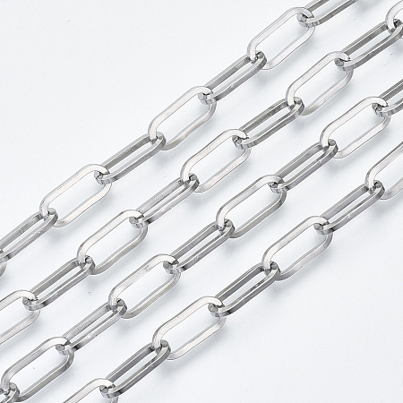 Honeyhandy 304 Stainless Steel Paperclip Chains, Drawn Elongated Cable Chains, with Spool, Unwelded, Flat Oval, Stainless Steel Color, 14x6x1.2mm, about 82.02 Feet(25m)/roll