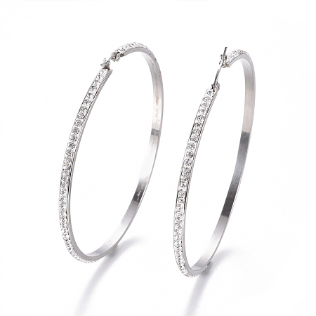 Honeyhandy 304 Stainless Steel Big Hoop Earrings, with Polymer Clay Rhinestone, Crystal, Stainless Steel Color, 76x71x3mm, Pin: 0.7x1mm