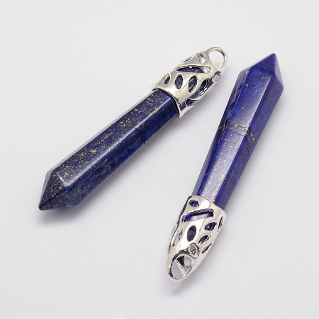 Honeyhandy Natural Lapis Lazuli Big Pointed Pendants, with Alloy Findings, Bullet, Platinum, 57~63x13x10mm, Hole: 3x4mm