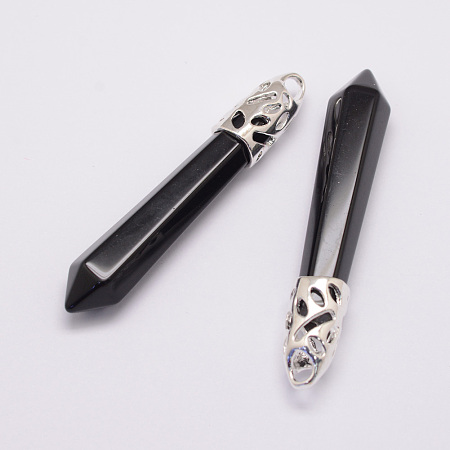 Honeyhandy Natural Obsidian Big Pointed Pendants, with Alloy Findings, Bullet, Platinum, 57~63x13x10mm, Hole: 3x4mm