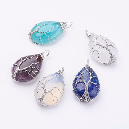 Honeyhandy Natural & Synthetic Mixed Stone Pendants, with Brass Findings, teardrop, Platinum, 44~46x26x12~13mm, Hole: 4x7mm