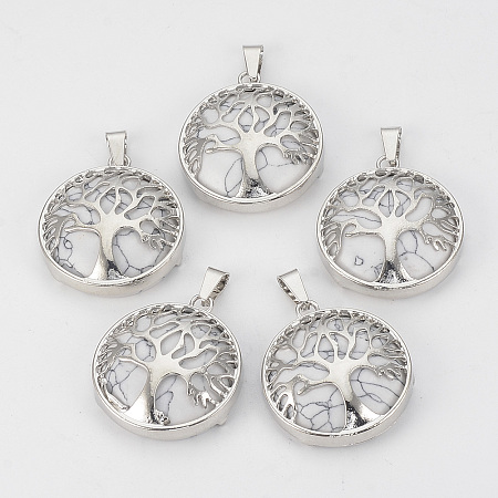 Honeyhandy Natural Howlite Pendants, with Brass Findings, Flat Round with Tree of Life, Platinum, 30.5x27x8mm, Hole: 7x3mm