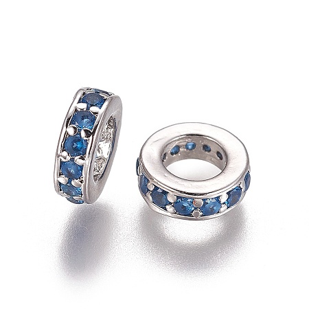 Honeyhandy Brass Cubic Zirconia European Beads, Large Hole Beads, Ring, Platinum, Cornflower Blue, 7.5x2.5mm, Hole: 4.5mm