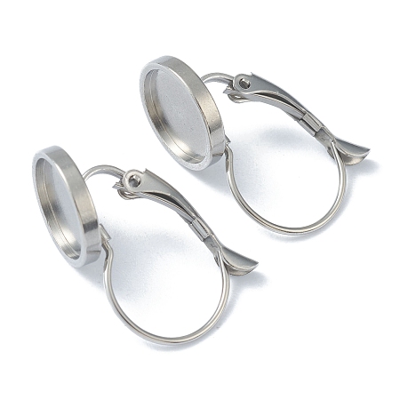 Honeyhandy 304 Stainless Steel Leverback Earring Findings, with Flat Round Trays Setting for Cabochon, Stainless Steel Color, Tray: 10mm, 21~24x12x11mm, Pin: 0.8mm
