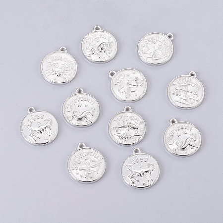 Honeyhandy Tibetan Style Alloy Pendants, Cadmium Free & Lead Free, Flat Round with Mixed Constellation/Zodiac Sign, Platinum, 20x17x2mm, Hole: 2mm, about 175pcs/500g