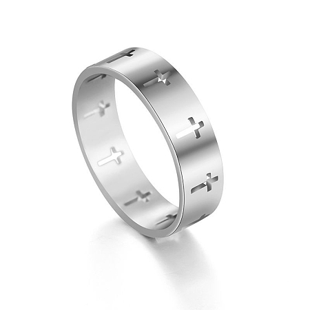 Honeyhandy Stainless Steel Cross Finger Ring, Hollow Ring for Men Women, Stainless Steel Color, US Size 8(18.1mm)