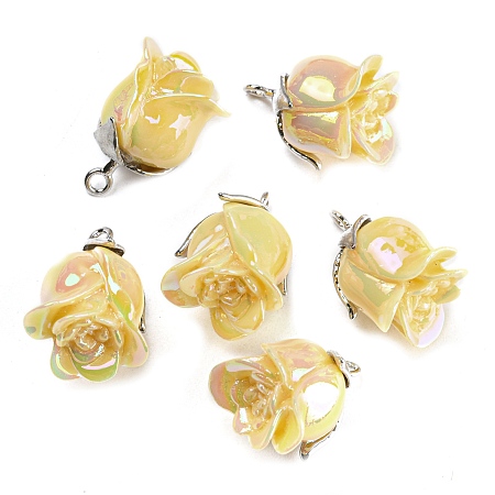 Opaque Resin Pendants, AB Color, Flower Charms with Platinum Tone Alloy Leaf, Yellow, 18.5x10x10mm, Hole: 1.4mm