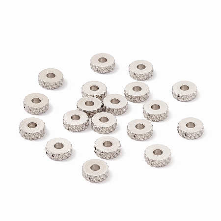 Honeyhandy 201 Stainless Steel Spacer Beads, Flat Round with Diamond Texture, Stainless Steel Color, 6x2mm, Hole: 2mm