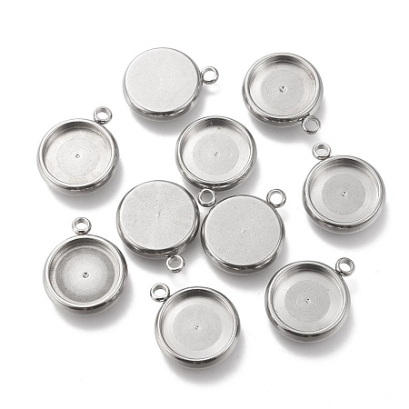 Honeyhandy 304 Stainless Steel Pendant Cabochon Settings, Flat Round, Stainless Steel Color, Tray: 10mm, 15x12x3mm, Hole: 1.8mm