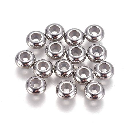Honeyhandy 202 Stainless Steel Beads, with Rubber Inside, Slider Beads, Stopper Beads, Rondelle, Stainless Steel Color, 6x3mm, Hole: 3mm, Rubber Hole: 2mm