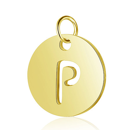 Honeyhandy 304 Stainless Steel Charms, Flat Round with Letter, Golden, Letter.P, 12x1mm, Hole: 2.5mm