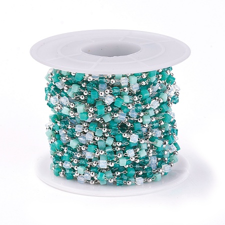 ARRICRAFT Handmade Glass Beaded Chains, Soldered, with Brass Findings, with Spool, Long-Lasting Plated, Real Platinum Plated, Cube, Dark Cyan, 2x2.5x2.5mm, 2mm, about 3.28 Feet(1m)/roll