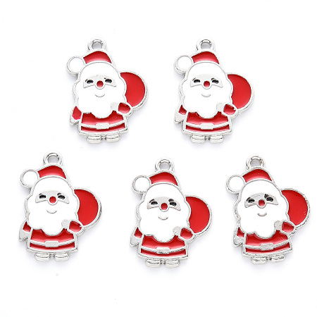 Arricraft Alloy Enamel Pendants, for Christmas, Flat Back, Santa Claus, Platinum, Red, 22x16x1mm, Hole: 1.4mm