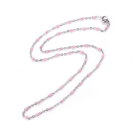 Honeyhandy 304 Stainless Steel Cable Chain Necklaces, with Enamel Links and Lobster Claw Clasps, Solder, Pearl Pink, 17.7 inch(45cm), 1.7~2.5mm