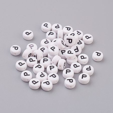 Honeyhandy Flat Round with Letter P Acrylic Beads, with Horizontal Hole, White & Black, Size: about 7mm in diameter, 4mm thick, hole: 1mm