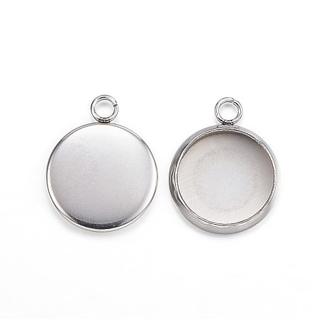 Honeyhandy 304 Stainless Steel Pendant Cabochon Settings, Plain Edge Bezel Cups, Flat Round, Stainless Steel Color, Tray: 10mm, 15x12x2mm, Hole: 2mm