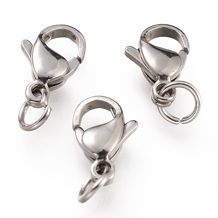 Honeyhandy 304 Stainless Steel Lobster Claw Clasps, With Jump Ring, Stainless Steel Color, 11x7x3mm, Hole: 3mm, Jump Ring: 5x0.6mm