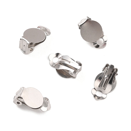 Honeyhandy 316 Stainless Steel Clip-on Earring Fibdings, Earring Settings, Flat Round, Stainless Steel Color, Tray: 10mm, 15.5x10x7mm, Hole: 3mm