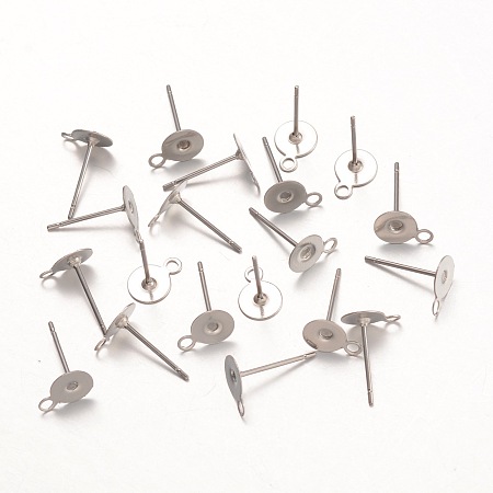 ARRICRAFT 316 Surgical Stainless Steel Stud Earring Settings, with Loop, Stainless Steel Color, 12.5mm, Hole: 1mm, Pin: 0.7mm, Tray: 6x8.5mm