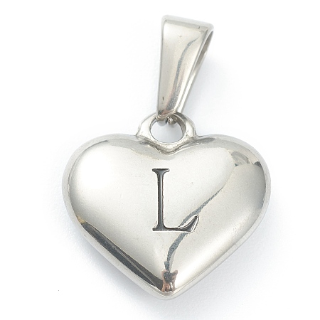 Honeyhandy 304 Stainless Steel Pendants, Heart with Black Letter, Stainless Steel Color, Letter.L, 16x16x4.5mm, Hole: 7x3mm