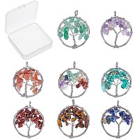 SUNNYCLUE 8Pcs 8 Colors Tree Life Pendant Quartz Crystal Gemstone Pendant Flat Round with Tree of Life Charm Pendants Findings Hole for Jewelry Bracelet Chakra Necklace Making, Mixed Color