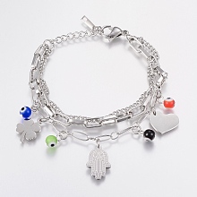 Honeyhandy 304 Stainless Steel Charm Multi-strand Bracelets, with Lampwork Evil Eye Beads, Heart, Clover and Hamsa Hand/Hand of Fatima/Hand of Miriam, Stainless Steel Color, 6-3/4 inch(170mm), 3~5mm, 10~19x6~15x1.2~6mm