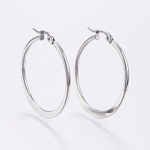 Honeyhandy 304 Stainless Steel Hoop Earrings, Hypoallergenic Earrings, Flat Ring Shape, Stainless Steel Color, 34~36mm, Pin: 0.7x1mm