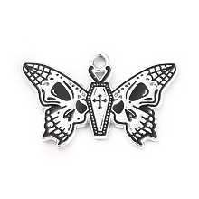 Honeyhandy Halloween Alloy Enamel Pendants, Butterfly with Skull, Platinum, 19x30x1mm, Hole: 2mm