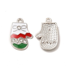 Honeyhandy Christmas Alloy Enamel Pendants, with Rhinestone, Gloves Charm, Platinum, 20x13.5x2.5mm, Hole: 1.6mm