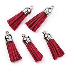 Honeyhandy Faux Suede Tassel Pendant Decorations, with CCB Plastic Cord Ends, Platinum, Crimson, 33~35x10mm, Hole: 2.5mm