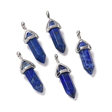 Honeyhandy Natural Lapis Lazuli Pendants, Faceted, with Platinum Tone Brass Findings, Lead free & Cadmium Free, Dyed, Bullet, 27~30x9~10x7~8mm, Hole: 4x3mm