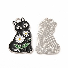 Honeyhandy Alloy Enamel Pendants, Cat with Flower Charm, Platinum, 28x18.5x1.5mm, Hole: 2mm